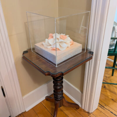 White, Pink Large Cabbage Coral Encaustic Sculpture installed on wood pedestal with clear case on top